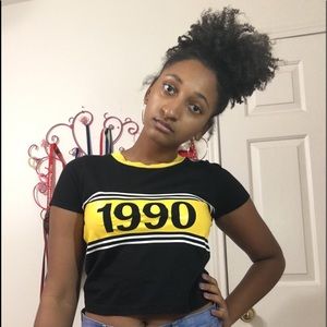 Black,yellow, and white striped short sleeve top